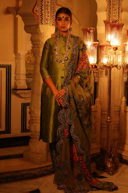 Xoxo Apurva_Green Silk, Organza Embroidery Bandeau Neck Zardosi Achkan Set _Online_at_Aza_Fashions