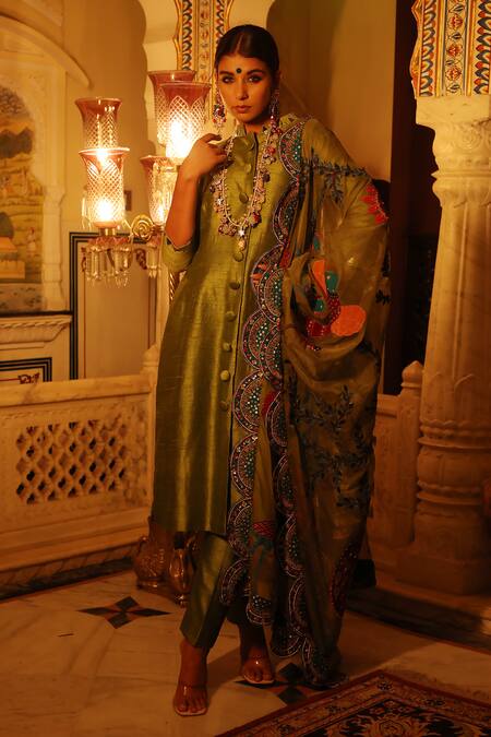 Shop_Xoxo Apurva_Green Silk, Organza Embroidery Bandeau Neck Zardosi Achkan Set _Online_at_Aza_Fashions