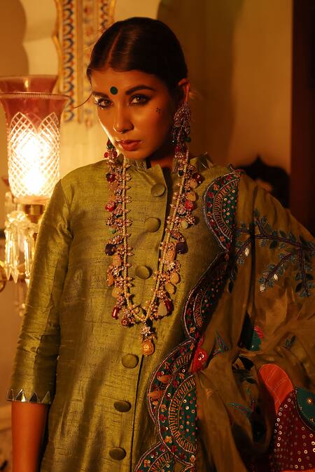 Xoxo Apurva_Green Silk, Organza Embroidery Bandeau Neck Zardosi Achkan Set _at_Aza_Fashions