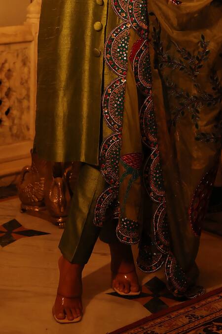 Buy Xoxo Apurva Green Silk, Organza Embroidery Bandeau Neck Zardosi Achkan Set Buy_Xoxo Apurva_Green Silk, Organza Embroidery Bandeau Neck Zardosi Achkan Set