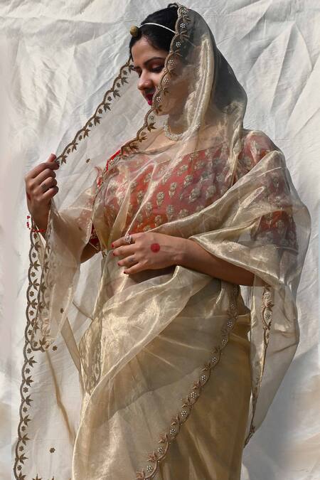Shop Studio Malang Gold Tissue Silk Embroidery Pearl Border Saree at Aza Fashions Shop_Studio Malang_Gold Tissue Silk Embroidery Pearl Border Saree_at_Aza_Fashions
