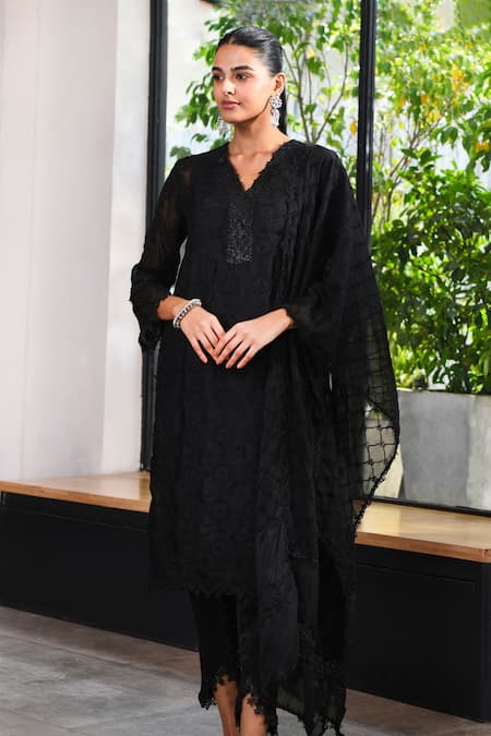 Shop Mulmul Black 100% Pure Mulmul Embroidery Eyelet Nelli Kurta And Dhoti Pant Set at Aza Fashions Shop_Mulmul_Black 100% Pure Mulmul Embroidery Eyelet Nelli Kurta And Dhoti Pant Set _at_Aza_Fashions