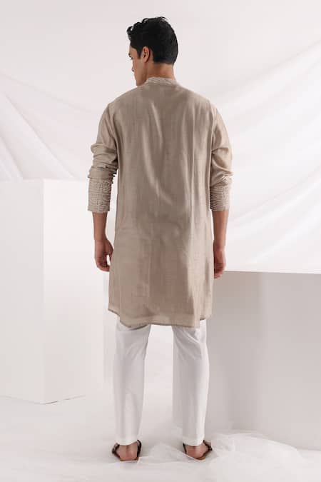 Shop_Smriti By Anju Agarwal_Beige Bamboo, Cotton Embroidery, Beads Embellished Band Collar Kurta Set _at_Aza_Fashions