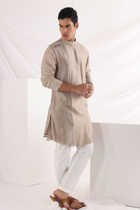 Buy_Smriti By Anju Agarwal_Beige Bamboo, Cotton Embroidery, Beads Embellished Band Collar Kurta Set _Online_at_Aza_Fashions