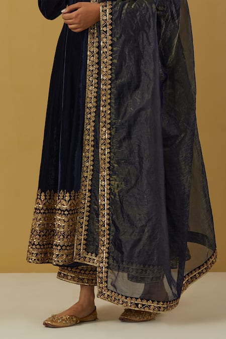 Shop_Ikshita Choudhary_Blue Velvet, Silk, Tissue Embroidery Scoop Neck Anarkali Pant Set _Online_at_Aza_Fashions