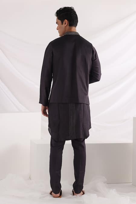 Buy_Smriti By Anju Agarwal_Black Linen, Satin, Bamboo, Silk, Cotton Sequins, Thread Work Bundi Kurta Set _Online_at_Aza_Fashions