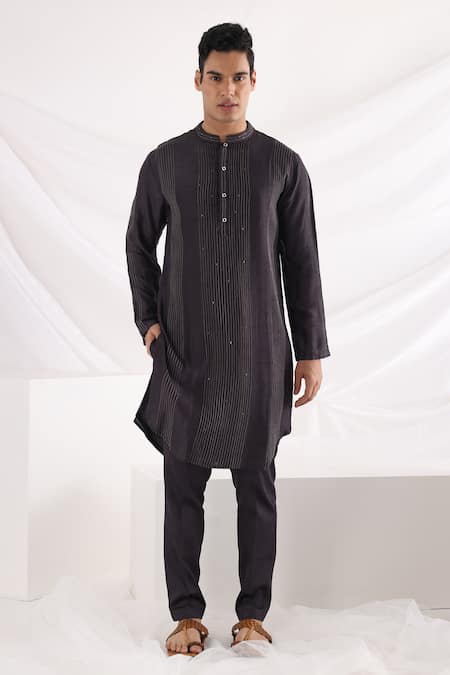 Shop_Smriti By Anju Agarwal_Black Linen, Satin, Bamboo, Silk, Cotton Sequins, Thread Work Bundi Kurta Set _Online_at_Aza_Fashions