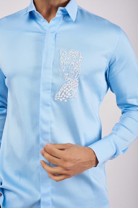 Sanjana Reddy Designs_Blue Cotton Embroidery Cheetah Shirt _Online_at_Aza_Fashions