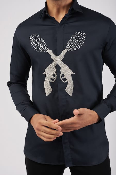 Sanjana Reddy Designs_Blue Cotton Embroidery Sparkled Gun Shirt _Online_at_Aza_Fashions