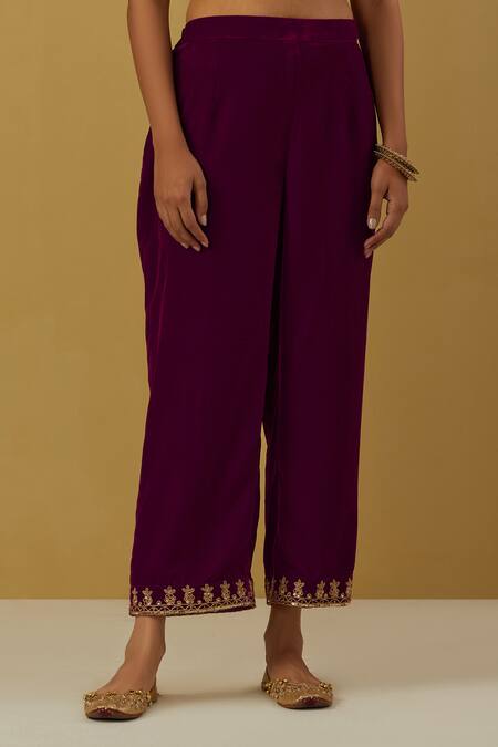 Ikshita Choudhary_Magenta Silk Velvet, Shimmer Organza Floral, Paisley Embroidered Kurta Pant Set _at_Aza_Fashions