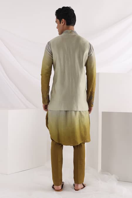 Smriti By Anju Agarwal Olive Ombre Thread Embroidered Bundi Kurta Set 