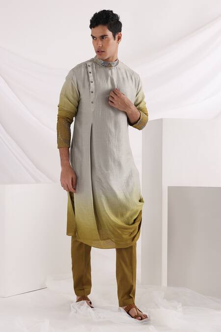 Buy_Smriti By Anju Agarwal_Green Linen, Satin, Bamboo, Silk, Olive Ombre Thread Embroidered Bundi Kurta Set _Online_at_Aza_Fashions