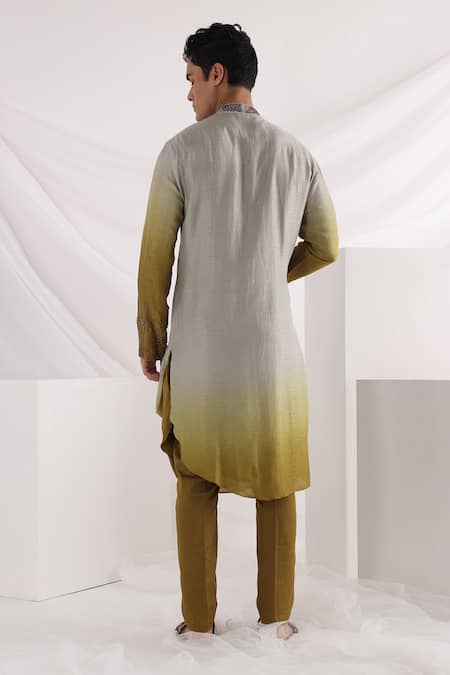 Smriti By Anju Agarwal_Green Linen, Satin, Bamboo, Silk, Olive Ombre Thread Embroidered Bundi Kurta Set _at_Aza_Fashions