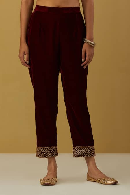 Ikshita Choudhary Maroon Silk Velvet, Shimmer Organza Floral, Paisley V Neck Anarkali Pant Set at Aza Fashions Ikshita Choudhary_Maroon Silk Velvet, Shimmer Organza Floral, Paisley V Neck Anarkali Pant Set _at_Aza_Fashions