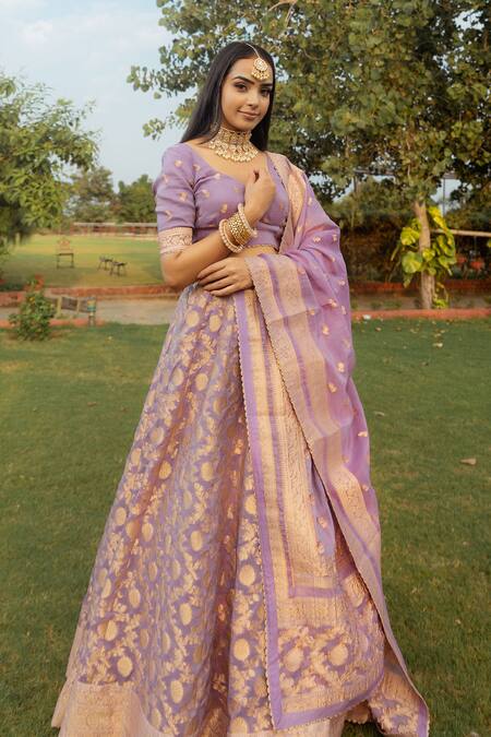Shop_Safaa_Purple Organza, Lining Shantoon Banarasi Weave Jafna Woven Lehenga Set _Online_at_Aza_Fashions