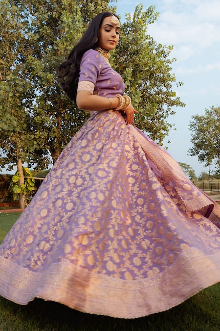 Safaa_Purple Organza, Lining Shantoon Banarasi Weave Jafna Woven Lehenga Set _at_Aza_Fashions