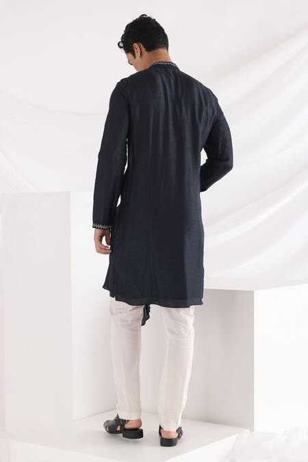 Shop_Smriti By Anju Agarwal_Blue Linen, Satin, Bamboo, Cotton Embroidery, Leaf Patch Work Bundi Kurta Set _Online_at_Aza_Fashions