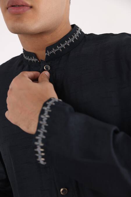 Smriti By Anju Agarwal_Blue Linen, Satin, Bamboo, Cotton Embroidery, Leaf Patch Work Bundi Kurta Set _at_Aza_Fashions