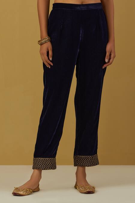 Shop Ikshita Choudhary Blue Silk Velvet, Shimmer Organza Floral, Paisley V Neck Anarkali Pant Set Online at Aza Fashions Shop_Ikshita Choudhary_Blue Silk Velvet, Shimmer Organza Floral, Paisley V Neck Anarkali Pant Set _Online_at_Aza_Fashions