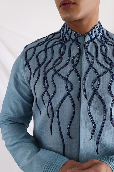 Smriti By Anju Agarwal_Blue Bamboo, Silk, Cotton Embroidery Abstract Bundi And Kurta Set _Online_at_Aza_Fashions