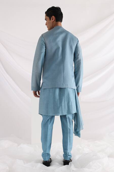 Buy_Smriti By Anju Agarwal_Blue Bamboo, Silk, Cotton Embroidery Abstract Bundi And Kurta Set _Online_at_Aza_Fashions