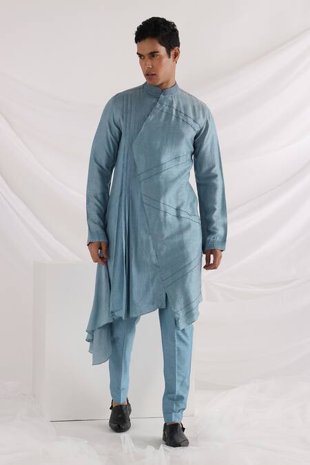 Shop_Smriti By Anju Agarwal_Blue Bamboo, Silk, Cotton Embroidery Abstract Bundi And Kurta Set _Online_at_Aza_Fashions