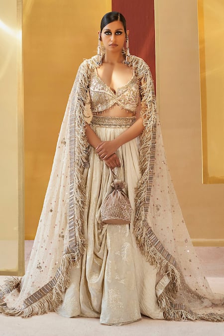 Priyanka Singh Ivory Cotton Embroidered Zardosi V Neck Blouse And Lehenga Set 