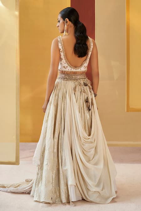 Shop Priyanka Singh Ivory Cotton, Organza Zari, Sequins, Tassels Embroidered Blouse And Lehenga Set at Aza Fashions Shop_Priyanka Singh_Ivory Cotton, Organza Zari, Sequins, Tassels Embroidered Blouse And Lehenga Set _at_Aza_Fashions