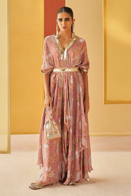 Priyanka Singh Beige Crepe Printed Floral V Neck Kaftan And Salwar Set 