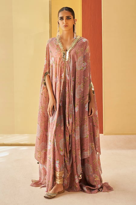 Priyanka Singh Beige Silk, Crepe Sequins V-neck Floral Print Kaftan And Salwar Set Online at Aza Fashions Priyanka Singh_Beige Silk, Crepe Sequins V-neck Floral Print Kaftan And Salwar Set _Online_at_Aza_Fashions