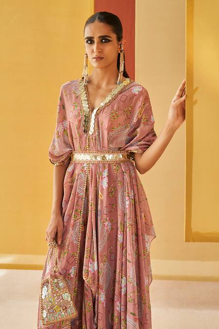 Shop Priyanka Singh Beige Silk, Crepe Sequins V-neck Floral Print Kaftan And Salwar Set Online at Aza Fashions Shop_Priyanka Singh_Beige Silk, Crepe Sequins V-neck Floral Print Kaftan And Salwar Set _Online_at_Aza_Fashions