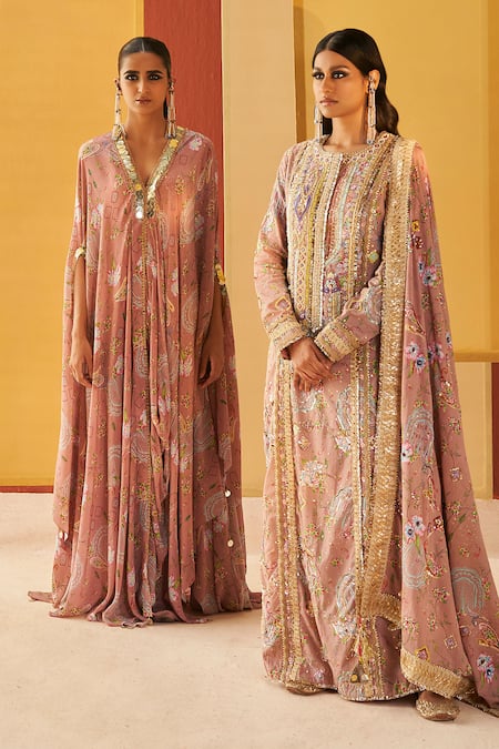 Priyanka Singh Beige Silk, Crepe Sequins V-neck Floral Print Kaftan And Salwar Set at Aza Fashions Priyanka Singh_Beige Silk, Crepe Sequins V-neck Floral Print Kaftan And Salwar Set _at_Aza_Fashions