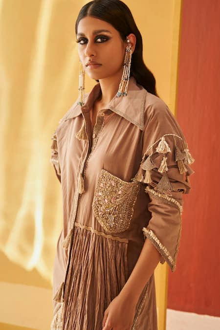 Buy Priyanka Singh Beige Cotton Sequins, Zari Collared Embroidered Shirt And Pant Set Online at Aza Fashions Buy_Priyanka Singh_Beige Cotton Sequins, Zari Collared Embroidered Shirt And Pant Set _Online_at_Aza_Fashions