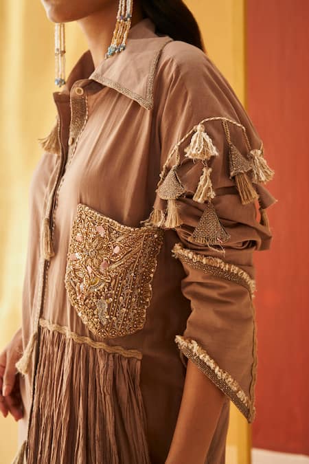 Shop Priyanka Singh Beige Cotton Sequins, Zari Collared Embroidered Shirt And Pant Set Online at Aza Fashions Shop_Priyanka Singh_Beige Cotton Sequins, Zari Collared Embroidered Shirt And Pant Set _Online_at_Aza_Fashions