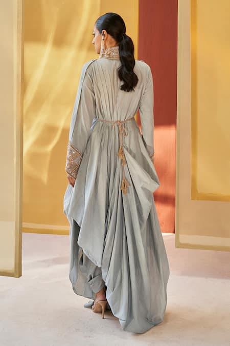 Shop Priyanka Singh Grey Cotton Sequins Collared Embroidered Shirt And Pant Set at Aza Fashions Shop_Priyanka Singh_Grey Cotton Sequins Collared Embroidered Shirt And Pant Set _at_Aza_Fashions