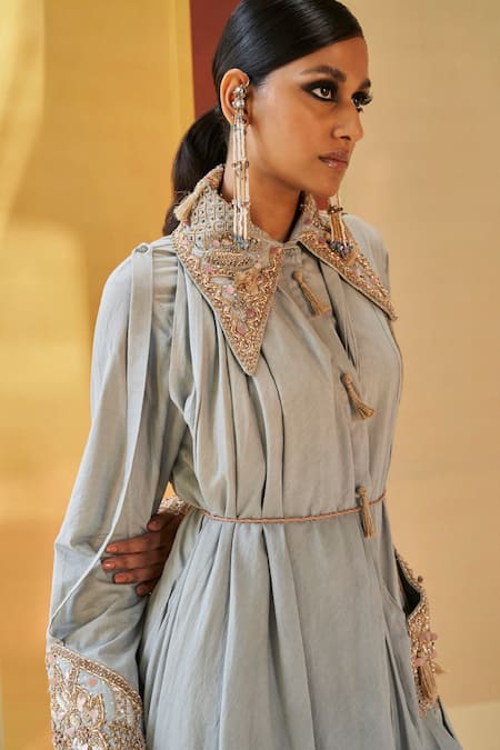 Priyanka Singh Grey Cotton Sequins Collared Embroidered Shirt And Pant Set Online at Aza Fashions Priyanka Singh_Grey Cotton Sequins Collared Embroidered Shirt And Pant Set _Online_at_Aza_Fashions