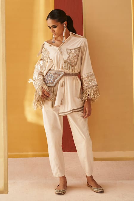 Priyanka Singh Ivory Cotton Sequins, Zari Asymmetric Shirt And Pant Set Online at Aza Fashions Priyanka Singh_Ivory Cotton Sequins, Zari Asymmetric Shirt And Pant Set _Online_at_Aza_Fashions