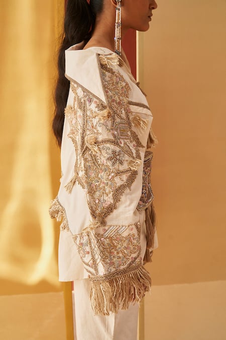 Shop Priyanka Singh Ivory Cotton Sequins, Zari Asymmetric Shirt And Pant Set Online at Aza Fashions Shop_Priyanka Singh_Ivory Cotton Sequins, Zari Asymmetric Shirt And Pant Set _Online_at_Aza_Fashions