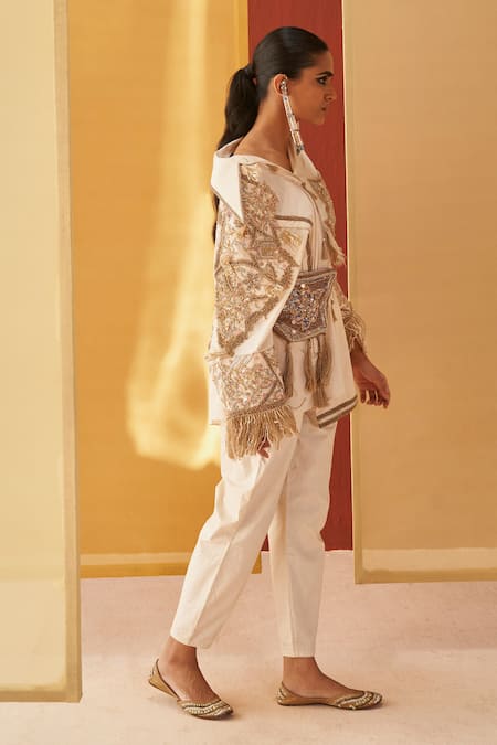 Priyanka Singh Ivory Cotton Sequins, Zari Asymmetric Shirt And Pant Set at Aza Fashions Priyanka Singh_Ivory Cotton Sequins, Zari Asymmetric Shirt And Pant Set _at_Aza_Fashions