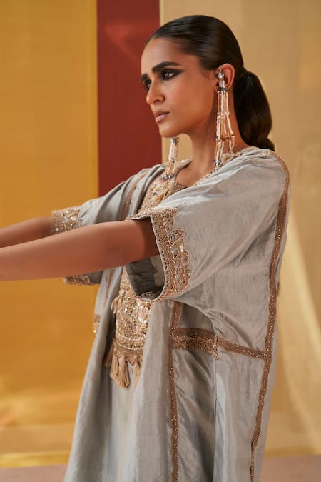 Buy Priyanka Singh Grey Silk, Organza Sequins, Zari Round Neck Embroidered Short Kurta Salwar Set Online at Aza Fashions Buy_Priyanka Singh_Grey Silk, Organza Sequins, Zari Round Neck Embroidered Short Kurta Salwar Set _Online_at_Aza_Fashions
