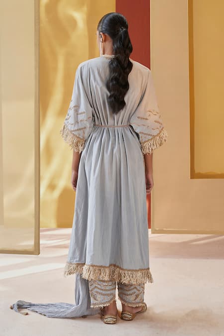 Shop_Priyanka Singh_Grey Cotton, Lurex Sequins, Zari V-neck Embroidered Kurta Salwar Set _at_Aza_Fashions