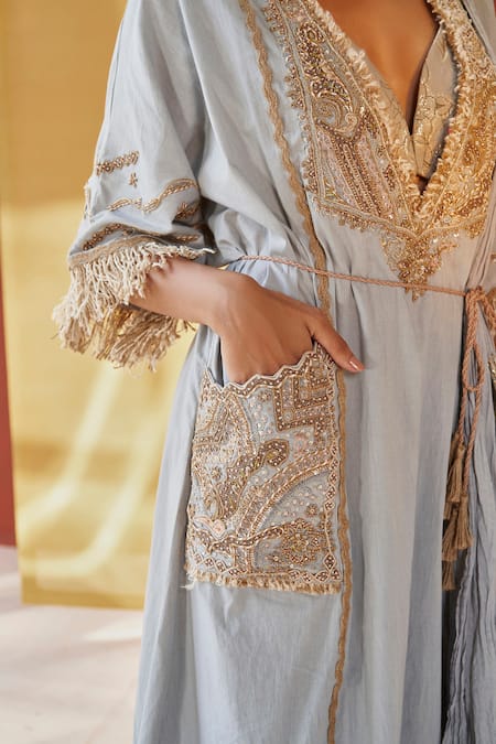 Buy_Priyanka Singh_Grey Cotton, Lurex Sequins, Zari V-neck Embroidered Kurta Salwar Set _Online_at_Aza_Fashions