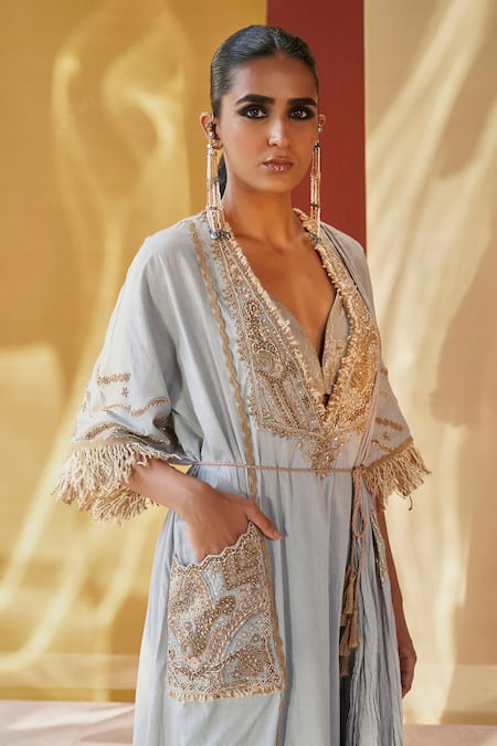 Shop_Priyanka Singh_Grey Cotton, Lurex Sequins, Zari V-neck Embroidered Kurta Salwar Set _Online_at_Aza_Fashions