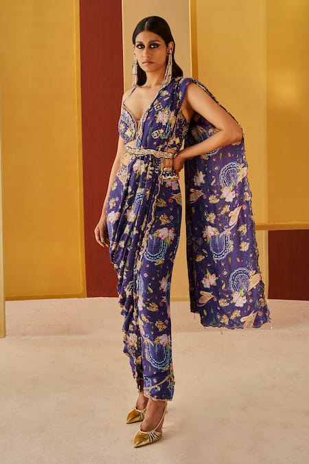 Priyanka Singh Blue Silk Sequins, Zari, Embroidery V-neck Printed And Trouser Saree Set Online at Aza Fashions Priyanka Singh_Blue Silk Sequins, Zari, Embroidery V-neck Printed And Trouser Saree Set _Online_at_Aza_Fashions