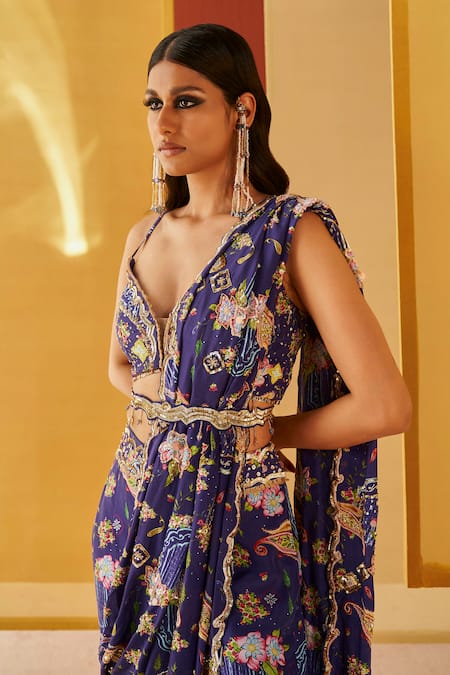Buy Priyanka Singh Blue Silk Sequins, Zari, Embroidery V-neck Printed And Trouser Saree Set Online at Aza Fashions Buy_Priyanka Singh_Blue Silk Sequins, Zari, Embroidery V-neck Printed And Trouser Saree Set _Online_at_Aza_Fashions