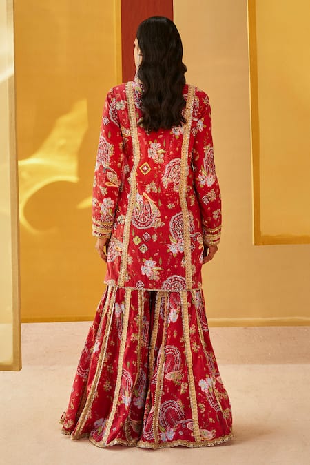 Shop Priyanka Singh Red Cotton Embroidery, Zari, Sequins Round Resham And Thread Kurta Gharara Set at Aza Fashions Shop_Priyanka Singh_Red Cotton Embroidery, Zari, Sequins Round Resham And Thread Kurta Gharara Set _at_Aza_Fashions
