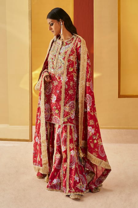 Priyanka Singh Red Cotton Embroidery, Zari, Sequins Round Resham And Thread Kurta Gharara Set Online at Aza Fashions Priyanka Singh_Red Cotton Embroidery, Zari, Sequins Round Resham And Thread Kurta Gharara Set _Online_at_Aza_Fashions