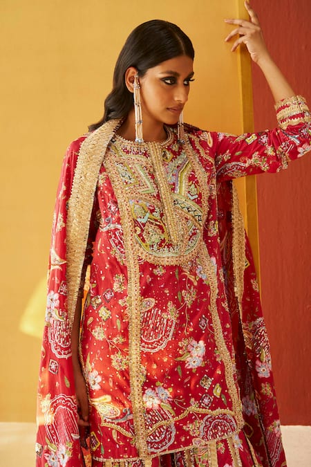 Buy Priyanka Singh Red Cotton Embroidery, Zari, Sequins Round Resham And Thread Kurta Gharara Set Online at Aza Fashions Buy_Priyanka Singh_Red Cotton Embroidery, Zari, Sequins Round Resham And Thread Kurta Gharara Set _Online_at_Aza_Fashions