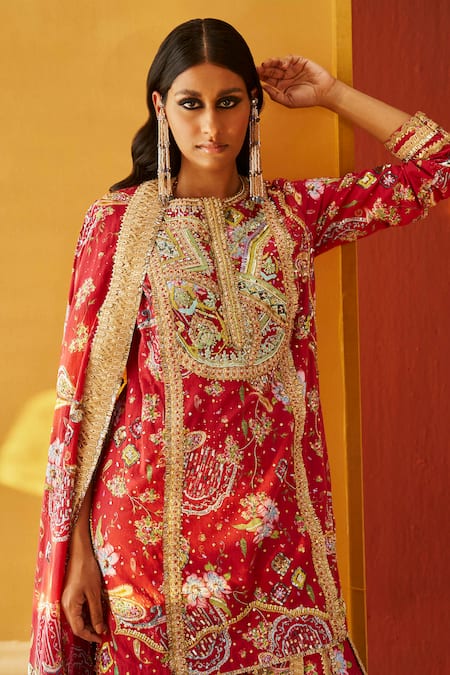 Shop Priyanka Singh Red Cotton Embroidery, Zari, Sequins Round Resham And Thread Kurta Gharara Set Online at Aza Fashions Shop_Priyanka Singh_Red Cotton Embroidery, Zari, Sequins Round Resham And Thread Kurta Gharara Set _Online_at_Aza_Fashions