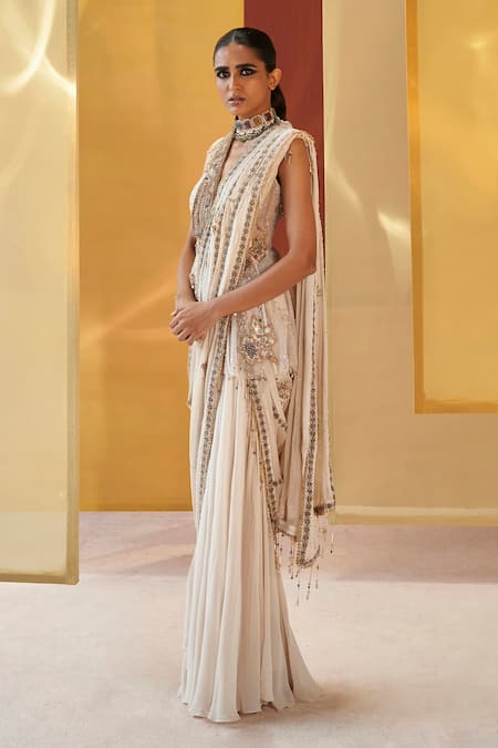 Priyanka Singh Ivory Net, Georgette Sequins, Zari Pre-draped Zardozi Embroidered Saree With Top Online at Aza Fashions Priyanka Singh_Ivory Net, Georgette Sequins, Zari Pre-draped Zardozi Embroidered Saree With Top _Online_at_Aza_Fashions